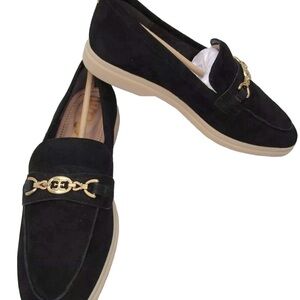 Sam Edelman Black Suede Loafers with Gold Chain Accent